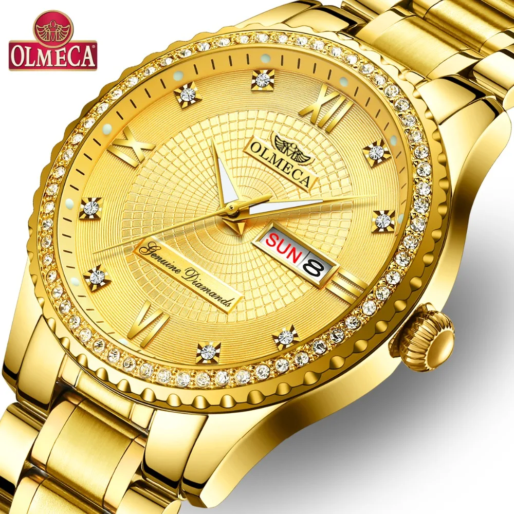 

OLMECA Quartz Watch Sport Men's Watches Fashion Reloj Hombre Wrist Watch 3ATM Waterproof Watches for Men Steel Band Gold