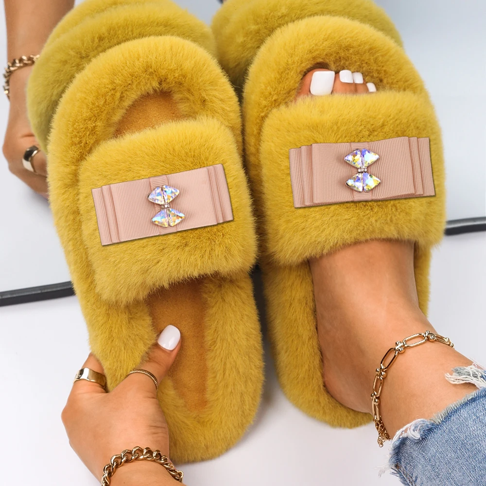 Women Sandals Fuzzy Slides Fashion Bow Decor Fluffy Slippers Luxury Brand High Quality Female Outdoor Casual Shoes Furry Slipper