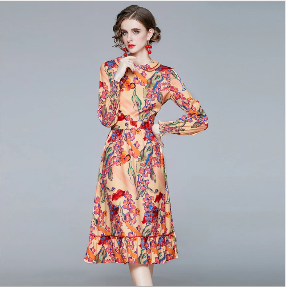 

Женское элегантное приталенное платье, женские модные юбки 2021, платье с длинным рукавом и воротником «кукла», с принтом в виде листьев лотос...