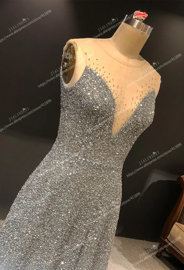 Rhine real Pictures sexy Crew Neck Beads V Back Floor Length Grey Blue evening dresses long