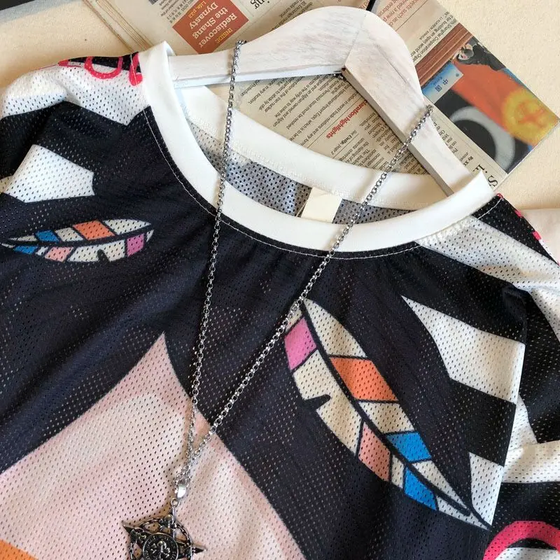 Женская футболка в стиле хип-хоп сетчатая дышащая свободная с надписью пуловеры