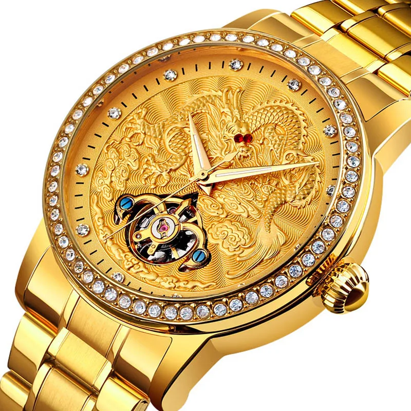 

Automatic Mechanical Men's Watch Luxury Dragon Diamond Hollow Large Dial Montre Homme Waterproof Clock Relogio Masculino 2021