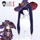 Парик для косплея HSIU Genshin Impact Mona, черные и фиолетовые смешанные цвета, двойной хвост, длинные волосы + шапочка в подарок