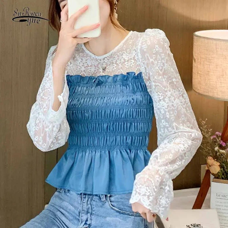 

Lace Stitching Puff Long Sleeve Blouses Women Sweet Pullover O-neck Pleated Shirts 2021 Autumn Slimming Waist Ruffled Tops 11908