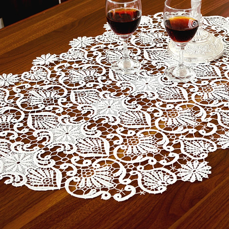 

Europe style white embroidered pure lace trim dinner table runner for home decoration