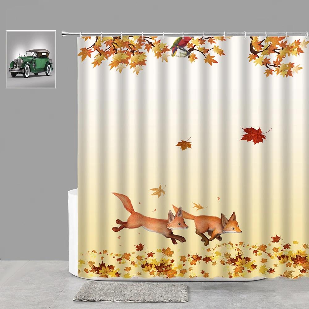 

Осенняя занавеска для душа в ванную комнату с кленовым листьем и мультяшным лисьим рисунком, в эстетике, Осенний ландшафт, домашний декор, т...