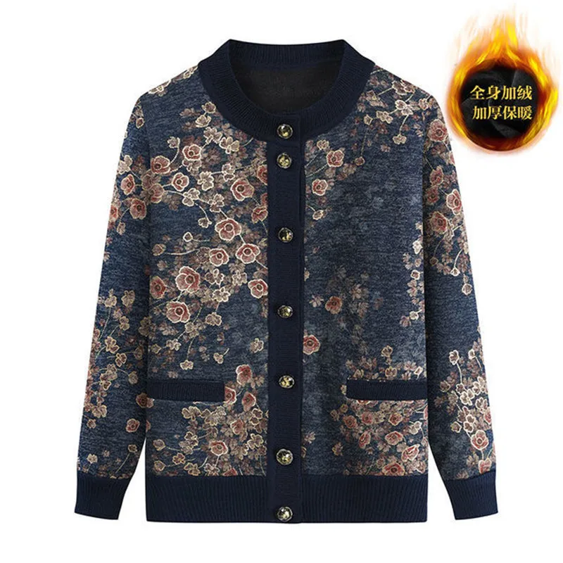 

Elderly Old Grandmother Cardigan Sweater Jacket Women Velvet Coat Mother's Knitted Sweater Jacket Autumn Winter Knitwear