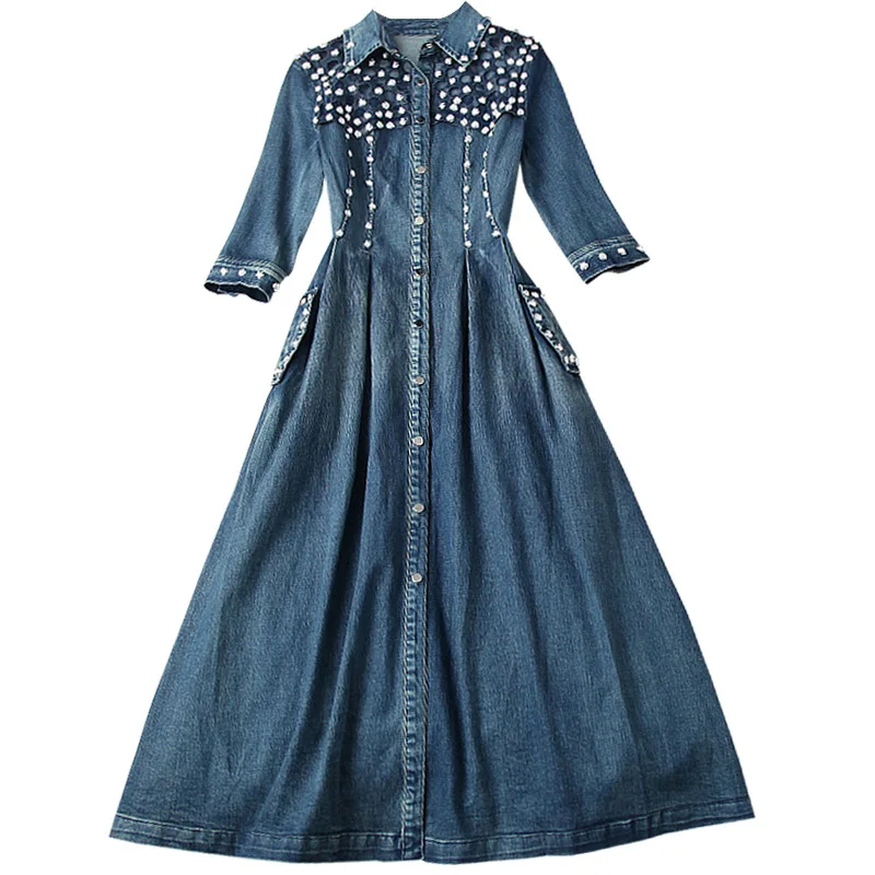 

Women punk style jean dress spring summer 2021 designer fashion turn down shirt collar hollow out studded sexy dresses