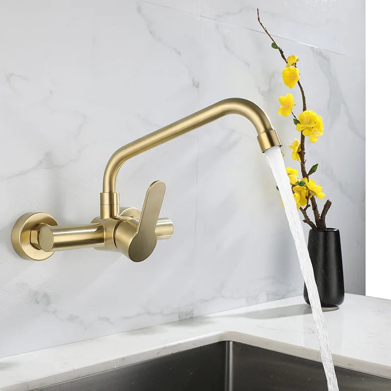 

Tuqiu Brushed Gold Kitchen Faucet Swivel Pot Filler Tap Wall Mounted Hot and Cold Sink Tap Rotate Spout Stainless Steel