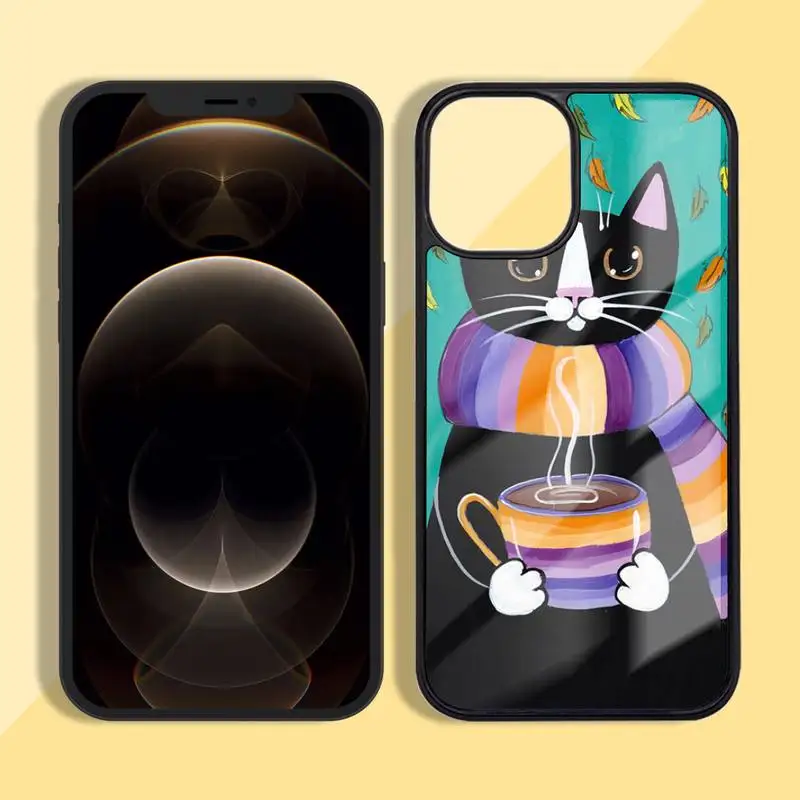 

Cat and coffee Phone Case Silicone TPU+PC For iPhone 11 12 mini Pro MAX 6 7 8 Plus X XR XS