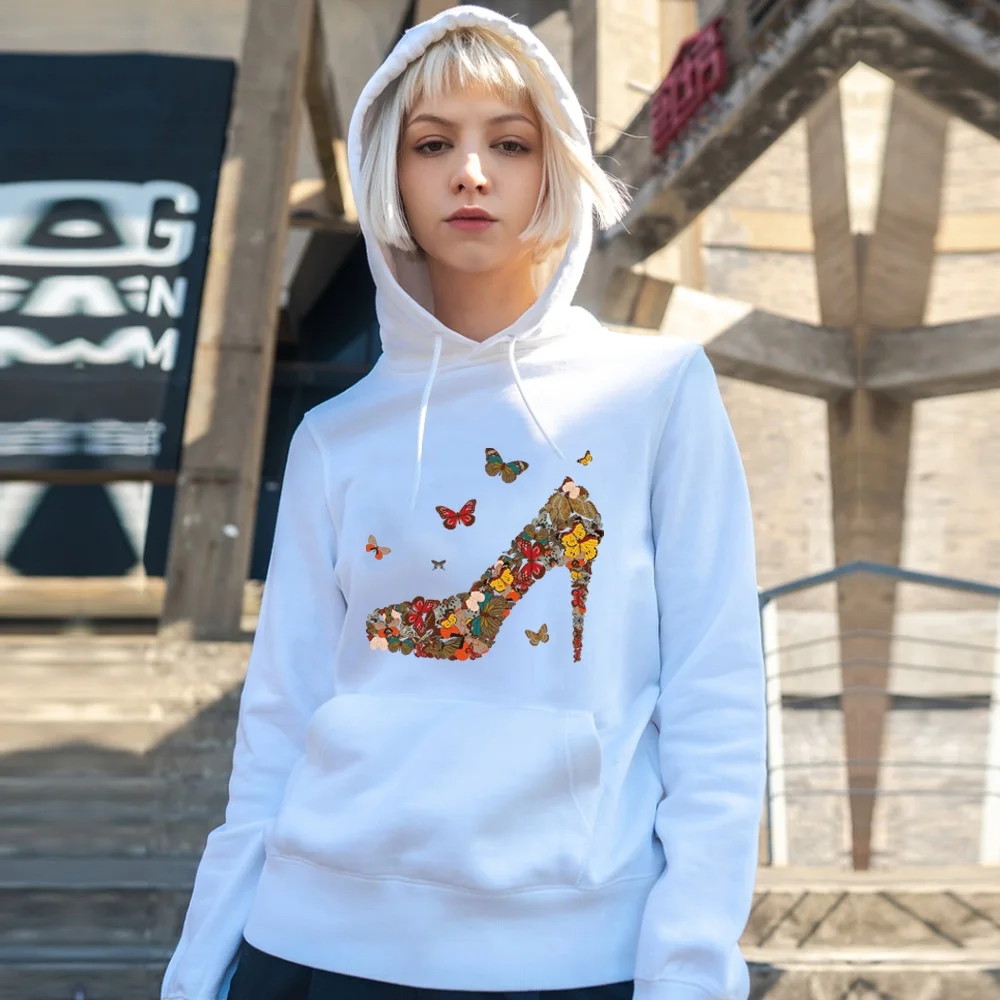 Белая толстовка с принтом бабочек Женский Топ длинным рукавом осенняя круглым