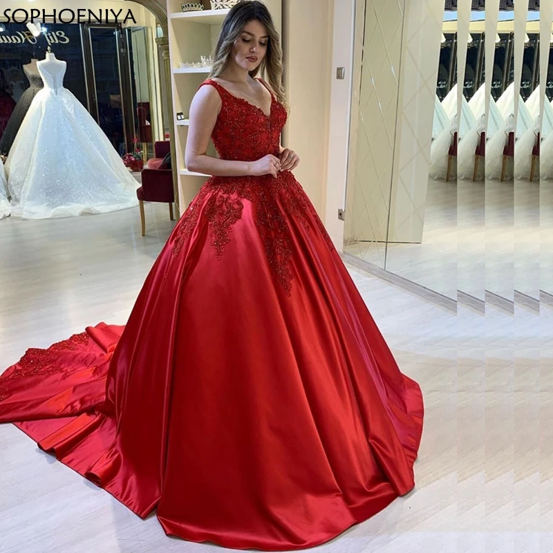 

New Arrival V Neck Satin Red long evening dress Plus size Abendkleider 2021 Ball gown evening dresses Vestido elegante
