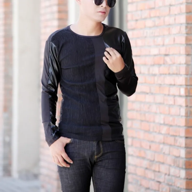 

Fashion Korean Men Slim Long Sleeve T-Shirt Casual Pu Leather Patchwork Pullover Tops High Street Autumn Black T Shirt Plus Size