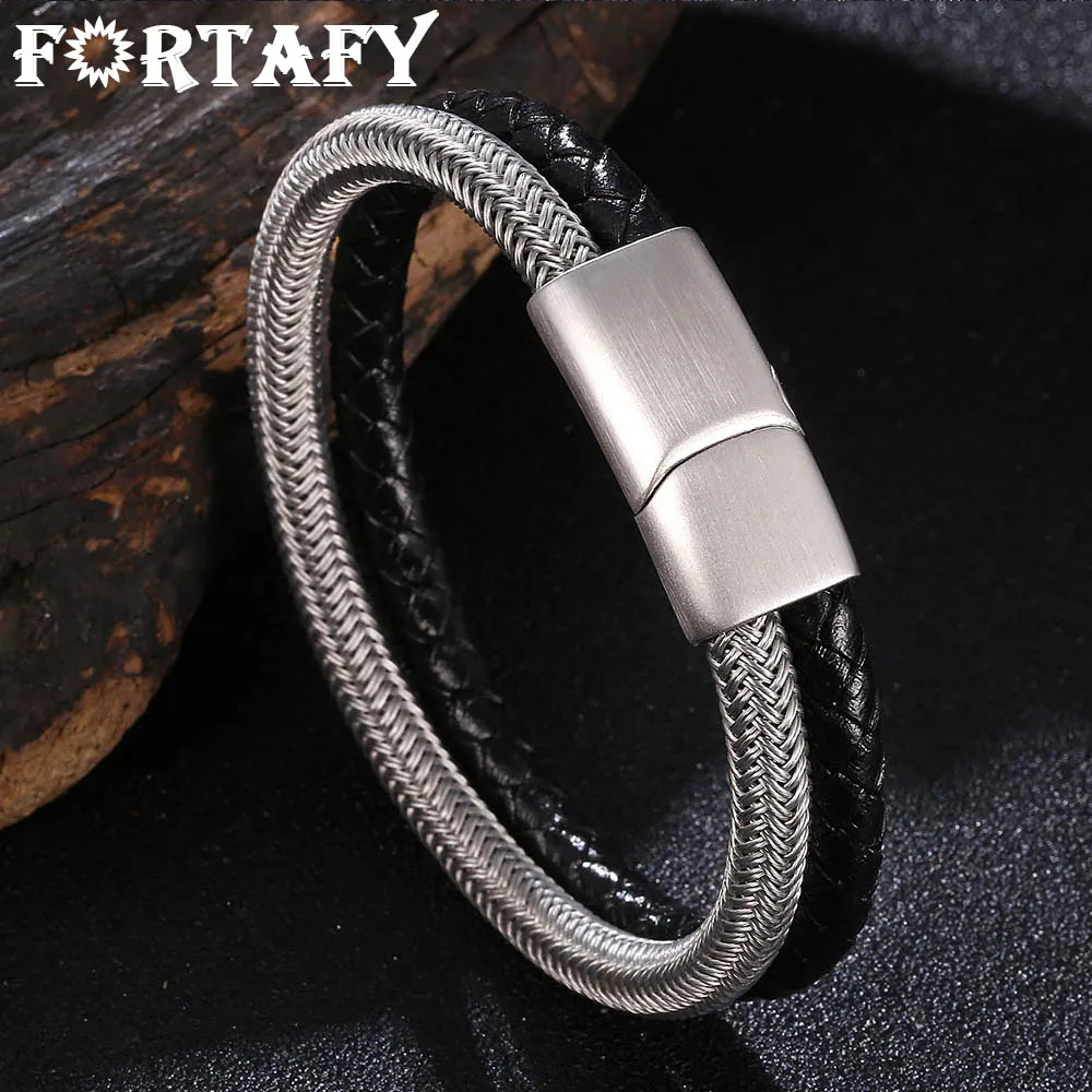 

FORTAFY Stainless Steel Magnetic Clasp Double Layered Bracelet Men Braided Genuine Leather Wristband Male Jewelry Gift FR1070