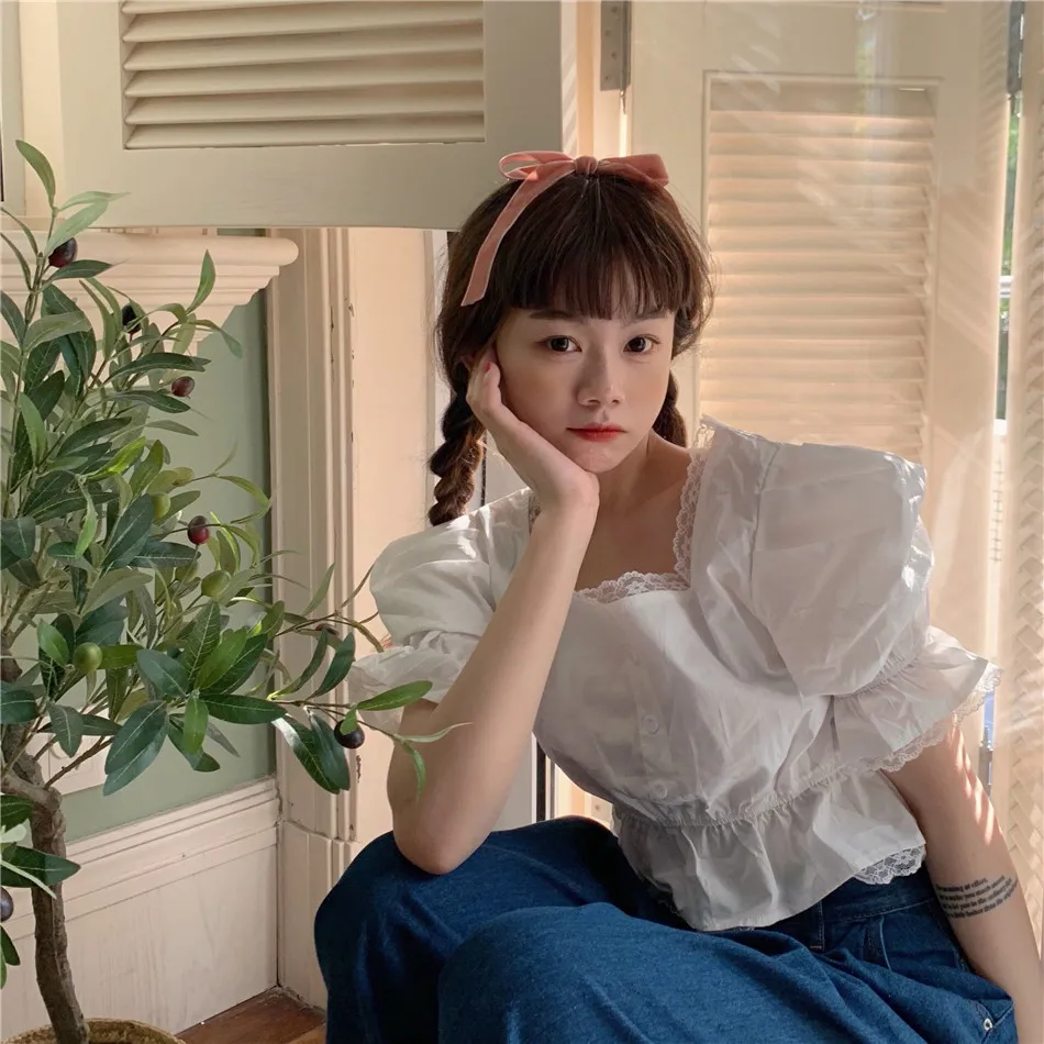 

lace up Women's Clothing Vintage fashion sweet squqre collar pull sleeve Female Blouses sexy summer crop tops Shirts white