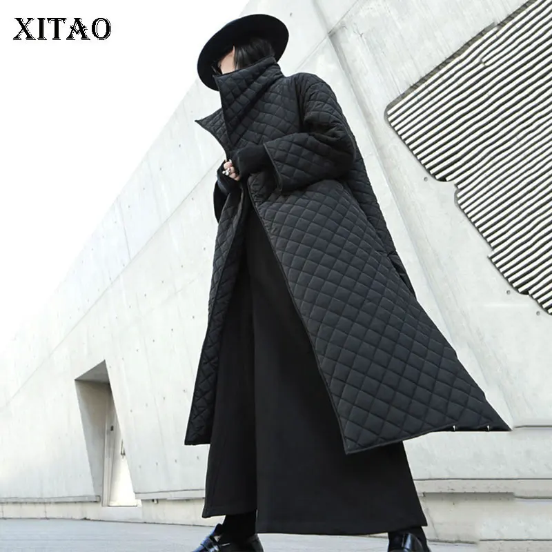 XITAO, Черная Женская парка, женская одежда,, с карманами, элегантная, маленькая, свежая, с разрезом, длинная, миноритарная, повседневная, свободная, парка, XJ2725