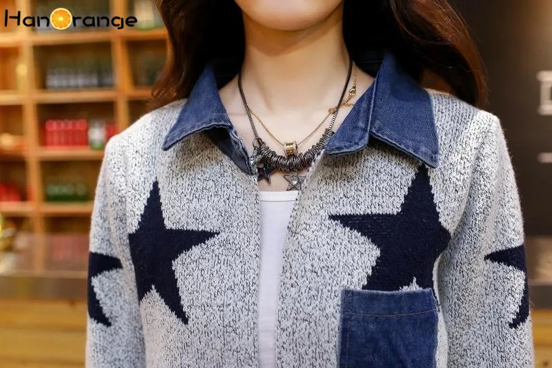 HanOrange Autumn Women Loose Knit Stars Long V-Neck Cardigan Sweater Coat |
