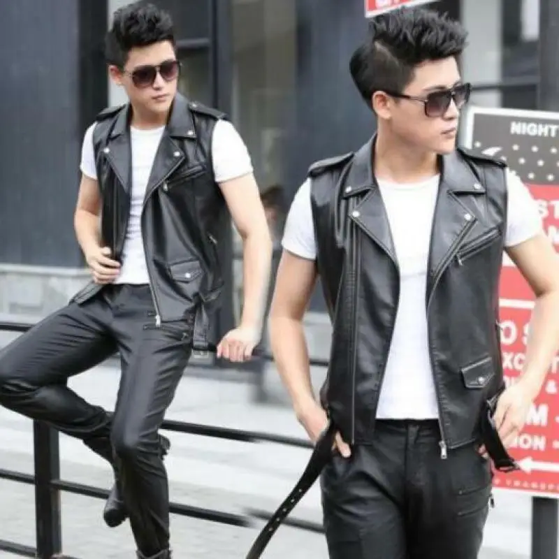 Мужской мотоциклетный жилет из искусственной кожи облегающая куртка без рукавов