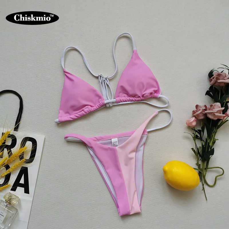 

2021 Women's Micro Bikini Suit Swimsuit Sexy Solid Color Splicing Brazilian Swimwear Thong Bandage Push Up Backless Beachwear