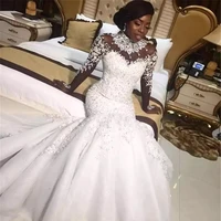 african sheer mesh top lace mermaid wedding dress 2022 tulle appliques beaded crystals long sleeves bridal gowns
