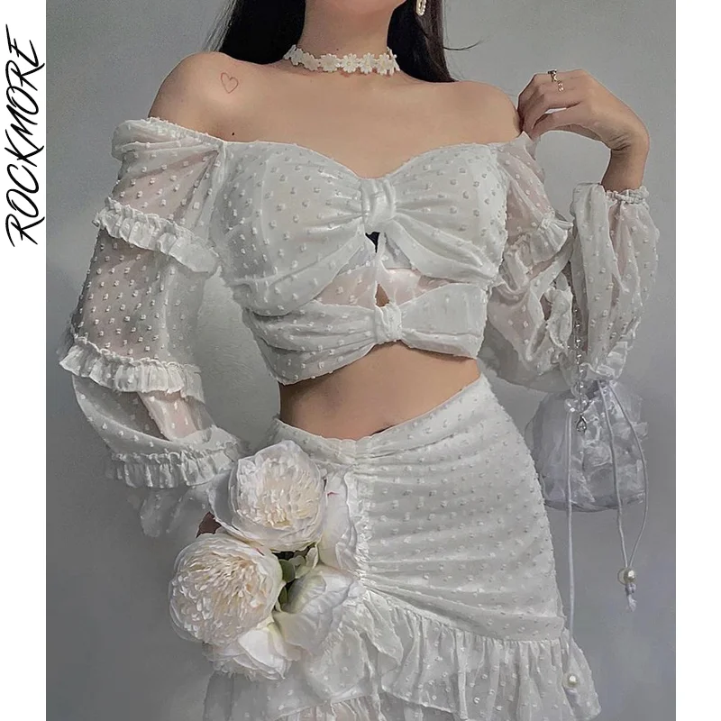 

Rockmore Chiffon Bow Crop Top Women Off Shoulder Puff Sleeve T Shirt Aesthetic Tee Autumn Sexy Elegant See Through T-Shirt