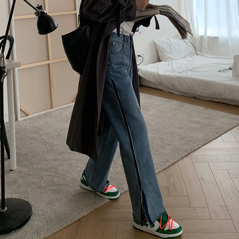 

Women's Jeans Autumn and Winter Korean Style All-Matching Retro High Waist Slimming Split Straight Wide Leg Pants Drape Blue