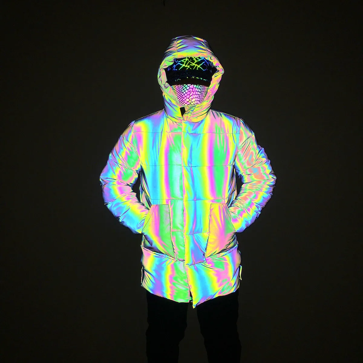 

Новое поступление, мужские цветные светоотражающие толстые куртки, зимние теплые длинные пальто с капюшоном, светоотражающая светильник п...