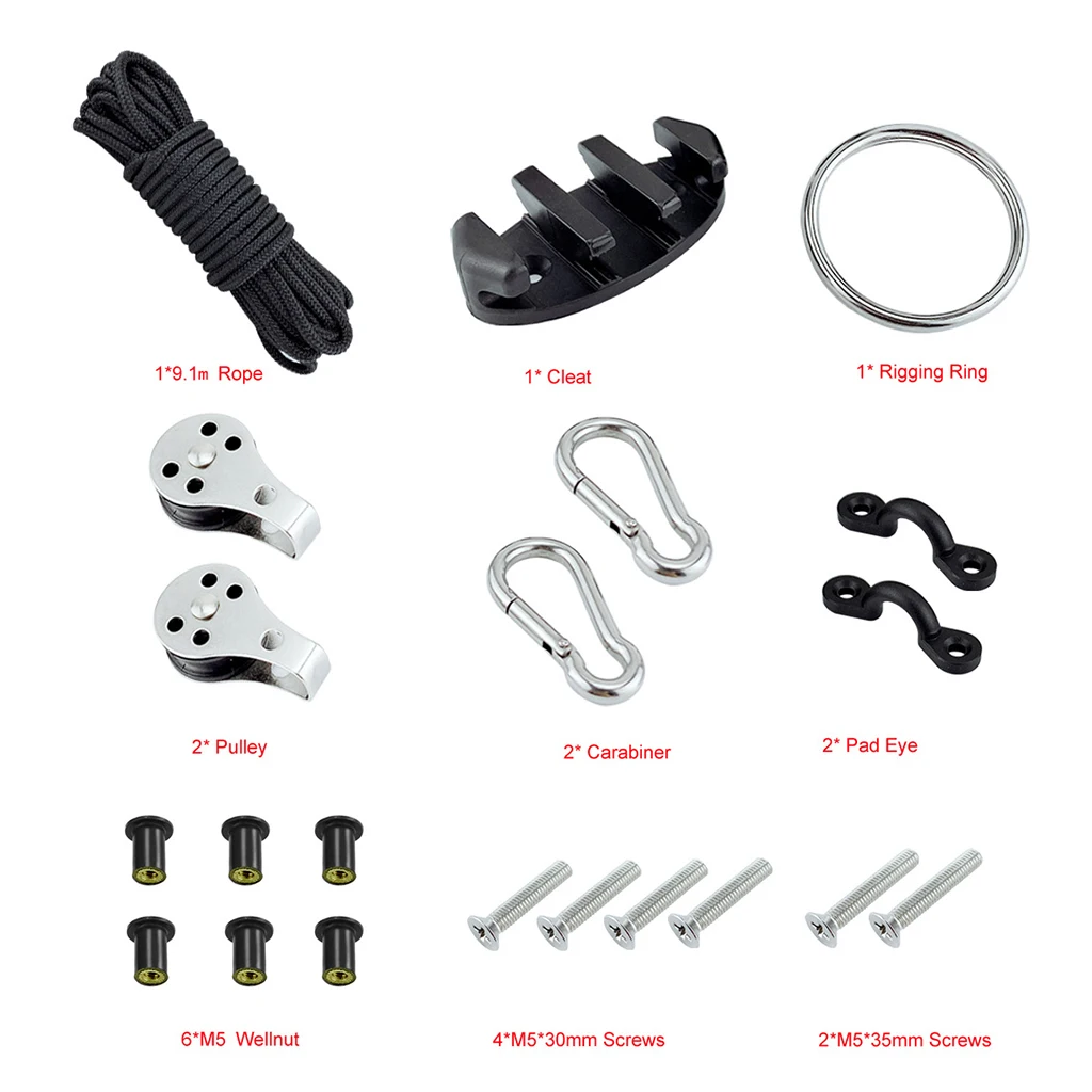 Kayak Canoe Anchor Trolley Kit w / 30 ft Line Pad Eye Metal Screws | Boat Accessories