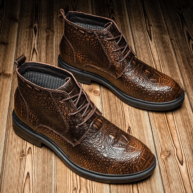 Мужские деловые ботинки коричневые ботильоны из натуральной кожи на шнуровке с