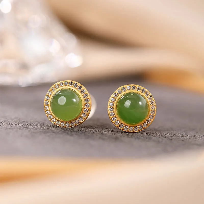 

S925 Sterling Silver Gilded Hetian Jade Chinese Style Jasper Stud Earring Luxury Women Circular Elegance Leisure Earrings L0015