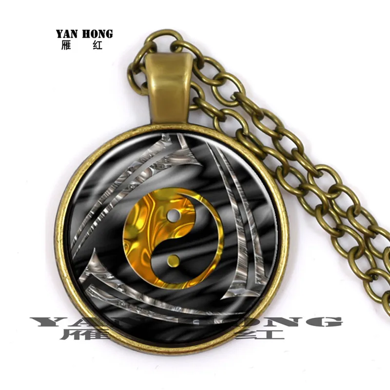 Золотой Инь-Ян кулон для Тай Чи ожерелье Античная Бронза цепь стеклянный кабошон