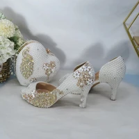 2021 summer new women wedding shoes bride handbag set open toe sandal and bag white pearl party dress shoes peacock 8cm pumps