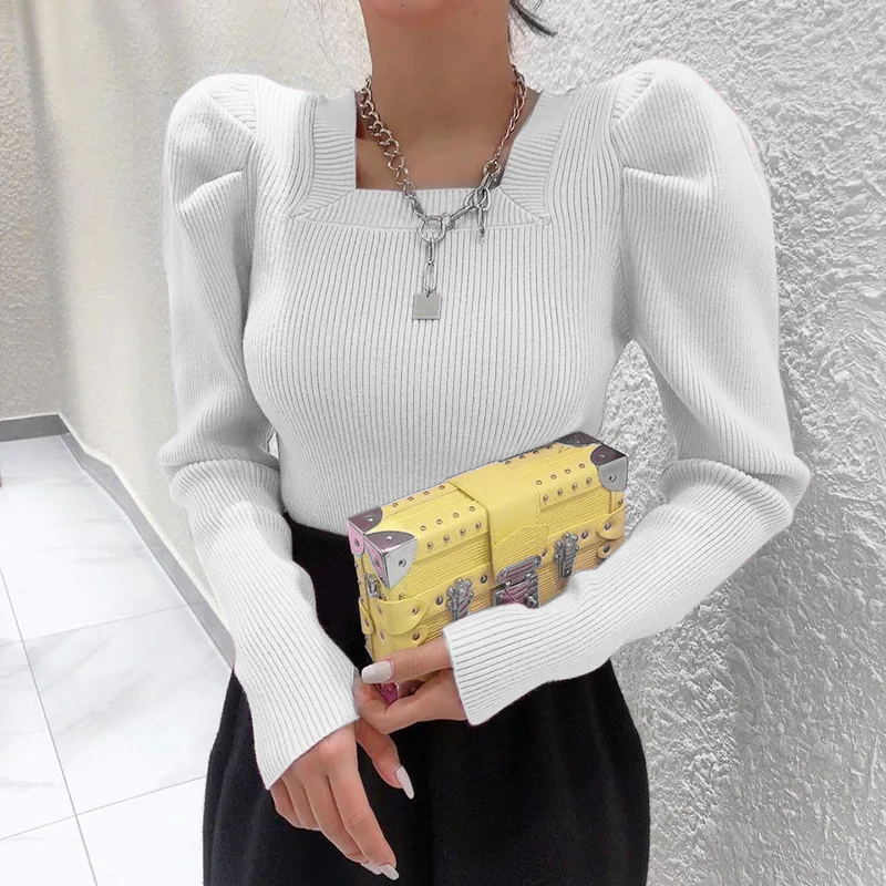 

Элегантный вязаный свитер с пышными рукавами, женский модный пуловер с квадратным вырезом и длинным рукавом, Женский облегающий простой од...