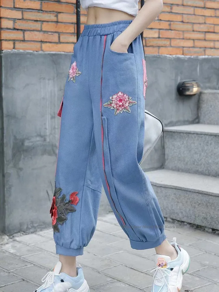Wide leg pants 2021 summer new Korean version loose large size was thin temperament Chinese style embroidery casual pants women