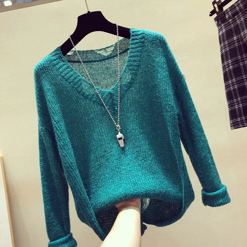 

Women 2021 Early Autumn Fashion Two Piece Suits Female Loose Hollow Long Sleeve Sweater Tops Ladies High Waist Jeans Sets Q284