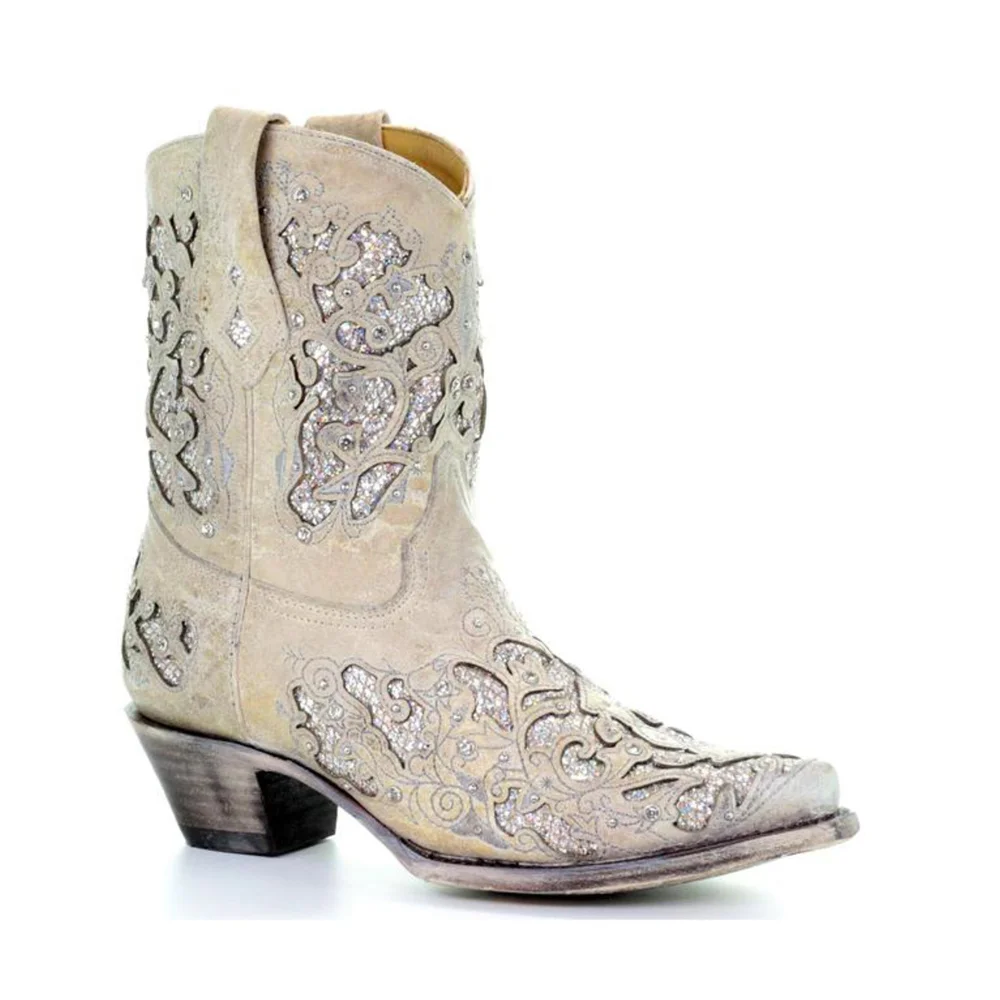 

Women Metallic Glittern Inlay Crystal Boots Snip Toe