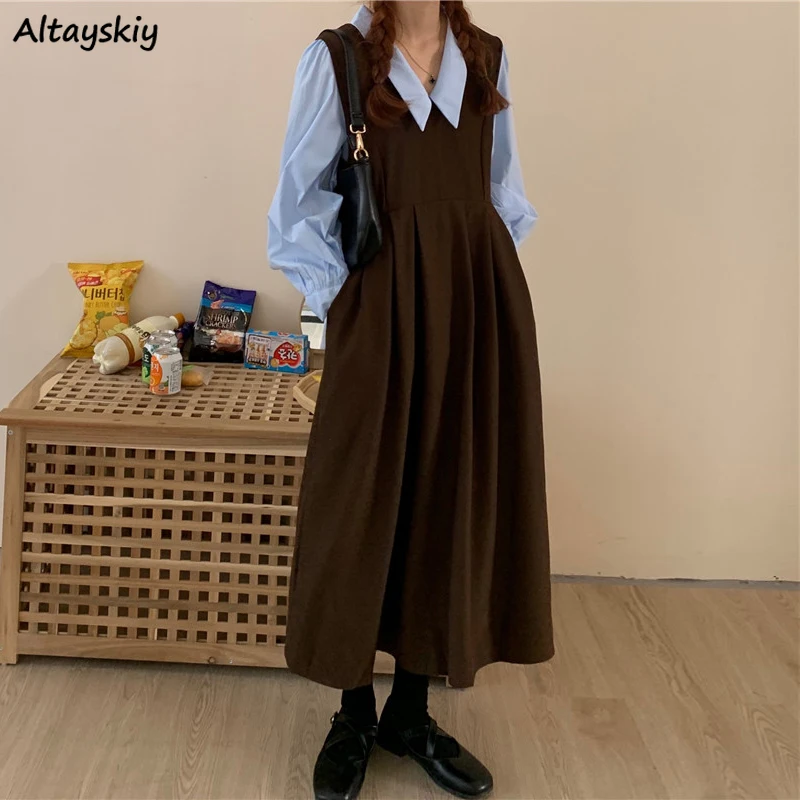 

Women Dress Sets Shirts 2Pcs Preppy Schoolgirls Peter Pan Collar Straps Vestidos Empire Waist Kawaii Pleated Midi Puff Sleeve