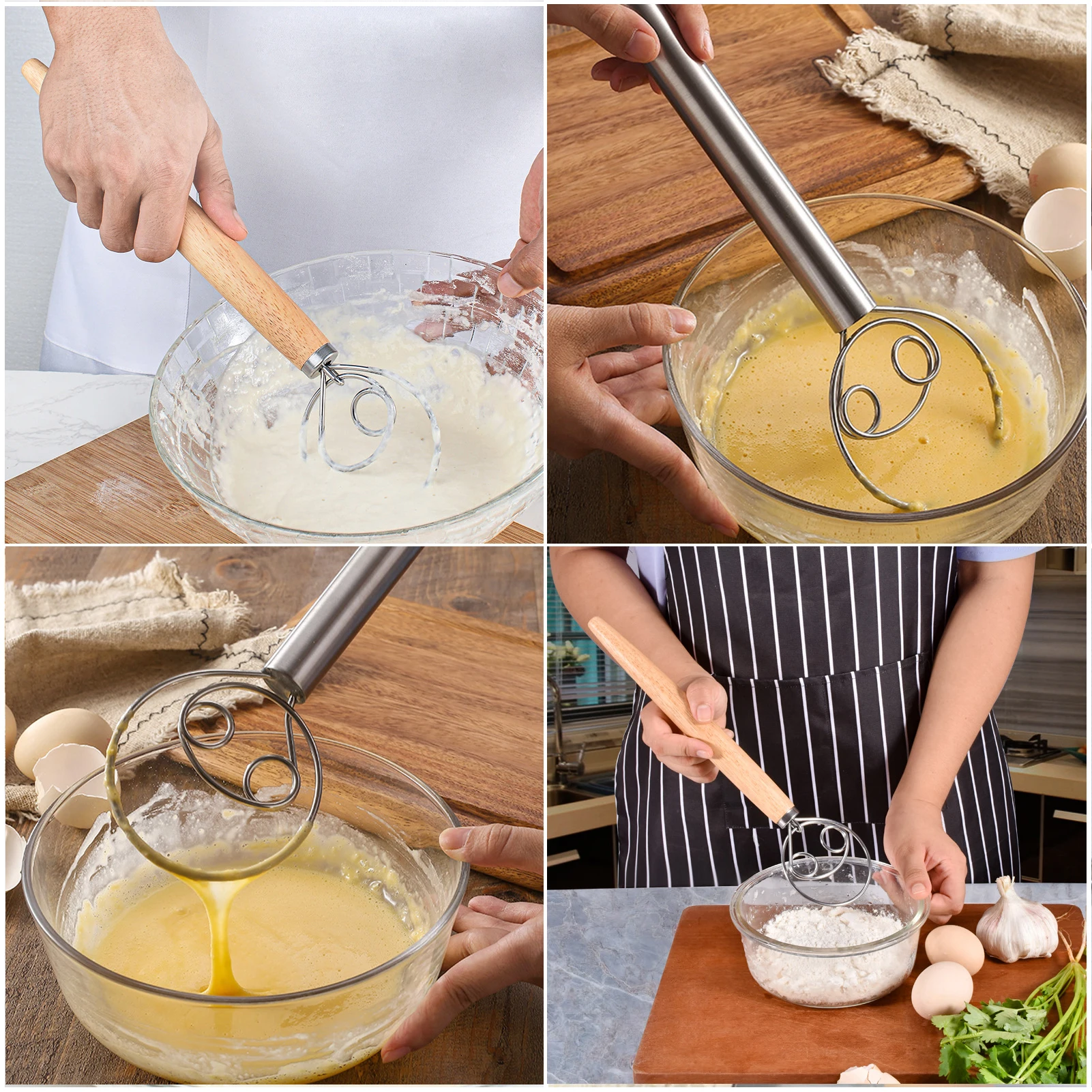

3PCS Stainless Steel Egg Beater Wooden Handle Agitator Baking Dough Tools Accessoriess Kitchen Oak Gadgets
