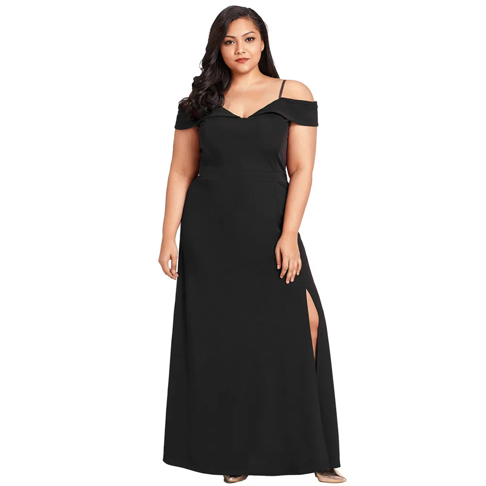 

European And American Dress Sexy Suspender Off Shoulder V-neck Short Sleeve Skirt With Split Long Plus Size Dress