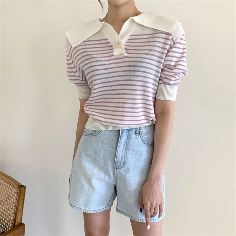 

Women's Summer Striped Tops Vintage Loose All Match Pullover Female Fashion Short Sleeve Slim Turn-Down Collar Knitted Sweaters