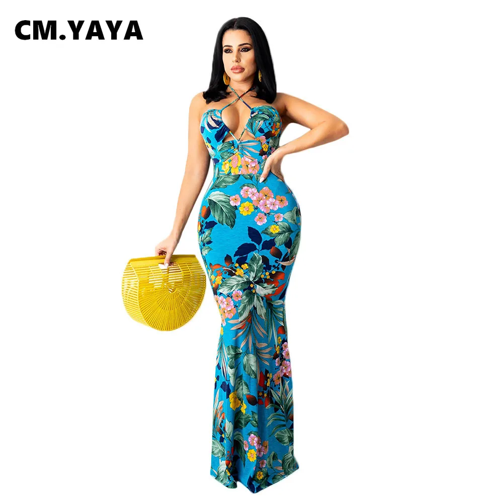 Женское длинное платье с лямкой на шее CM.YAYA эластичное облегающее платье-макси