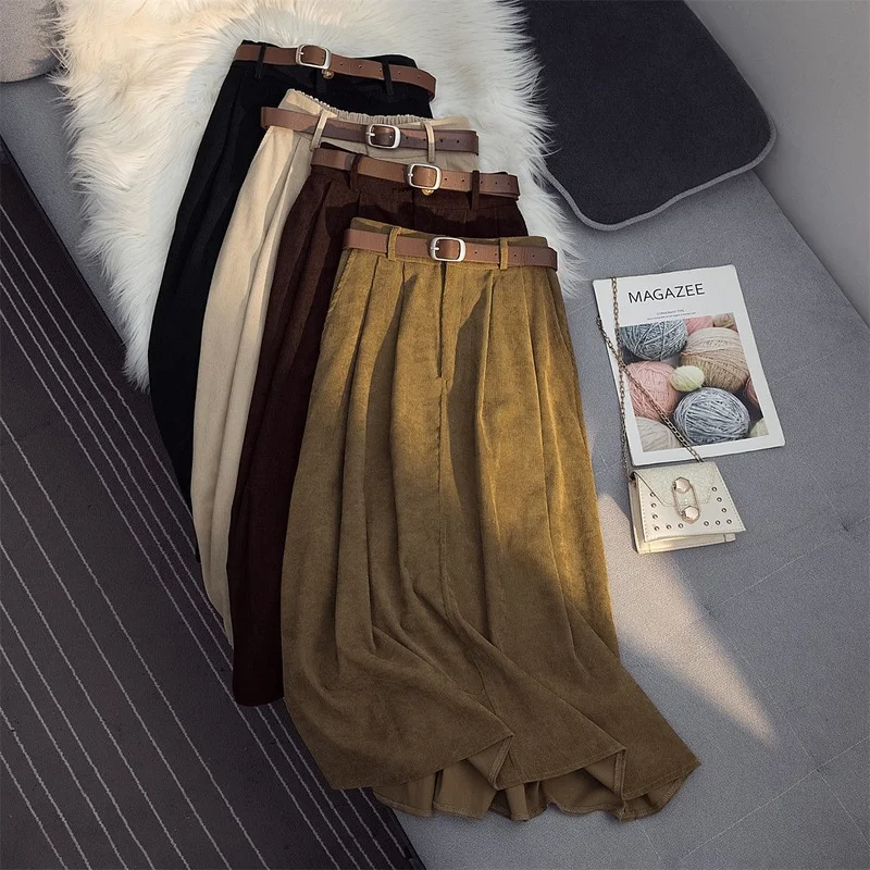

Vintage Women's Skirt with Belt Midi Skirts A-line High Waist Sashes Elegant Korean Fashion Corduroy Khaki Black Skirt X12
