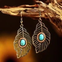 2022 europe and america hollow feather leaf shape inlaid colorful literary style earrings for women