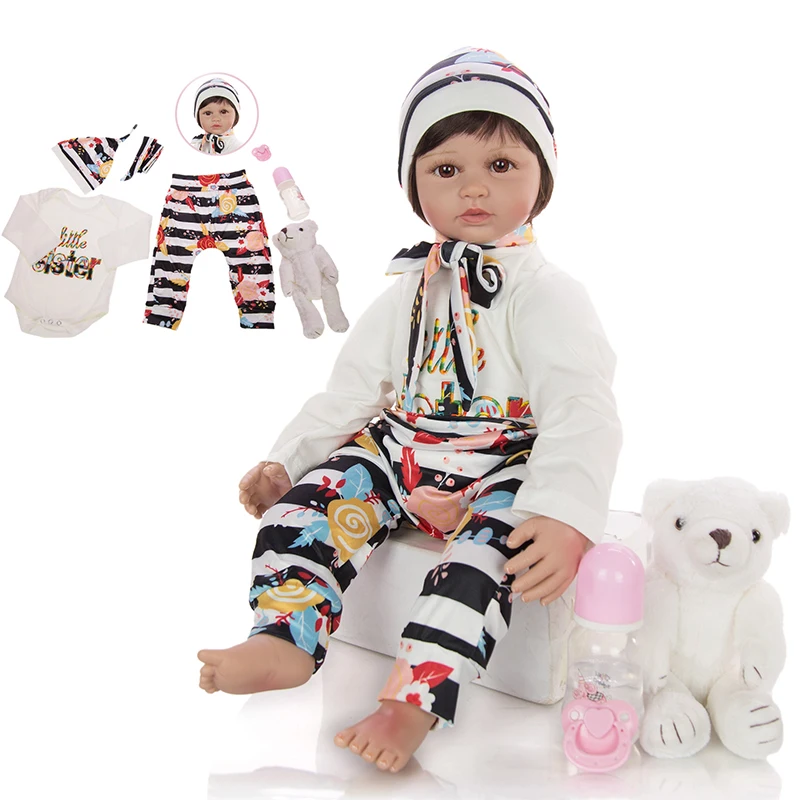 

bebes reborn doll 59CM very big silicone babies doll with White bear plush toy 3 Month baby reborn toddler surprice doll gift