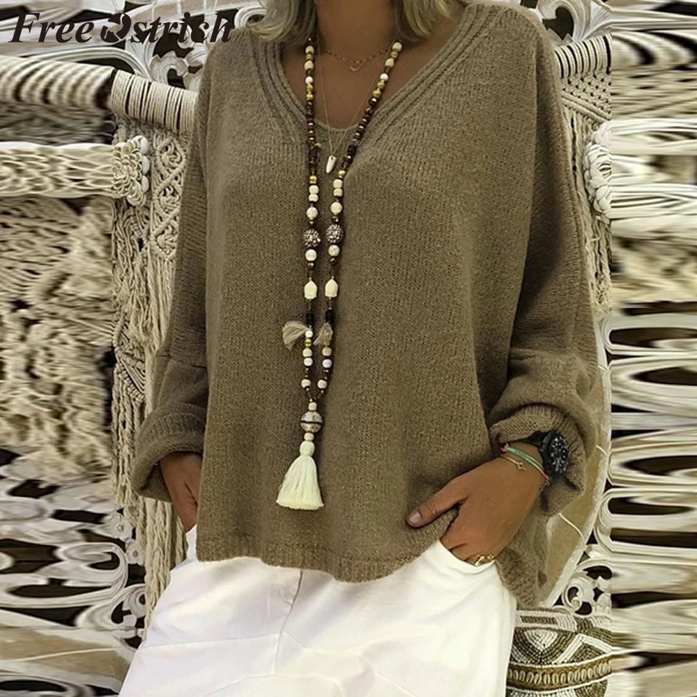 Женский свободный свитер со страусом FREE большого размера с глубоким v-образным