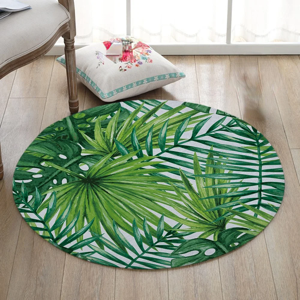 

Round Carpets for Living Room Green Tropical Printed Parlor Bedroom Chair Rugs Toilet Bath Decorate Non-slip Door Mat