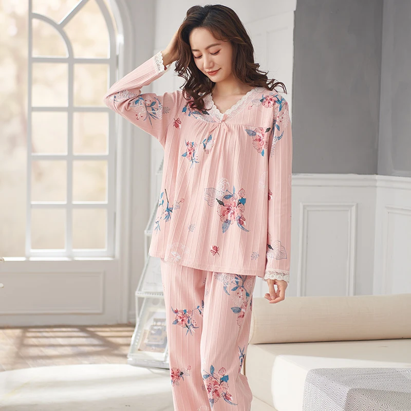 New Autumn Knitted Cotton Women Pajamas Set Floral Sleepwear Long Sleeve Casual Soft Loose 3XL Female Homewear Clothes