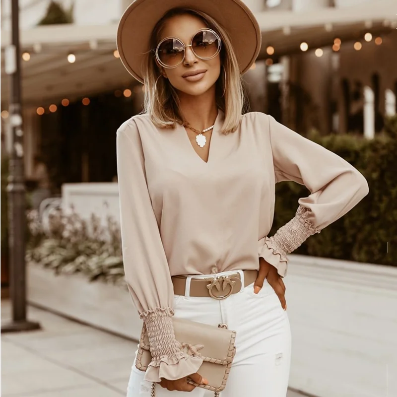 

Women Blouse Shirt Solid V Neck White Pullover Shirts Office Ladies Long Sleeve Elegant Autumn Winter Blouses Shirts Basic Tops