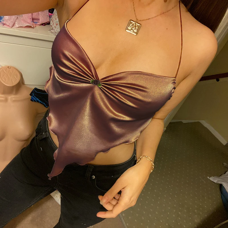

Crop Top Y2k Aesthetics Sexy Backless Halter Corset Tees Women Satin E Girl Bandage Vintage Streetwear 2021 Clubparty Cloth Tops