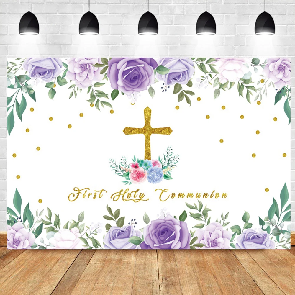 

Фон для вечерние съемки с изображением золотистого христианского креста и голубого цветка Laeacco для первого Святой церемонии причастия